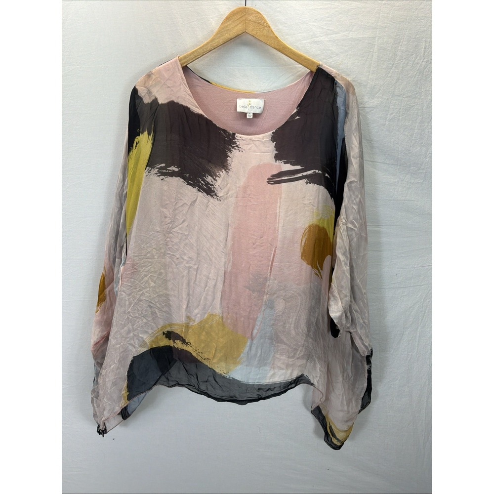 Belle France Womens Silk Sheer Tunic Top XL Abstract Art Boho Fairy Made Italy